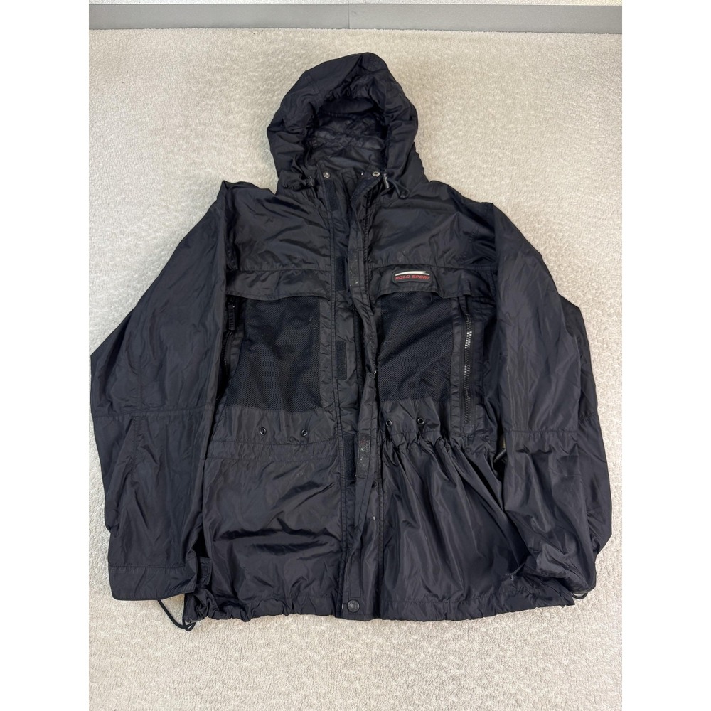 Polo Sport Ralph Lauren Jacket Mens Large‎ Black Hooded Nylon Mesh Pockets Zip